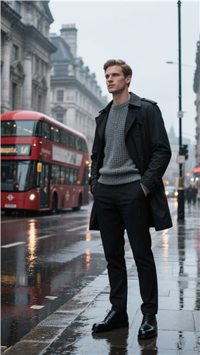 欧美街头下雨天红色巴士帅哥街拍图片